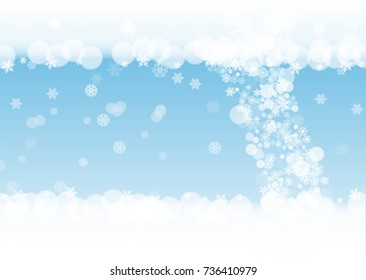 Winter frame with white snowflakes for Christmas and New Year celebration. Horizontal winter frame on blue background for banners, gift coupons, vouchers, ads, party events. Falling frosty snow.