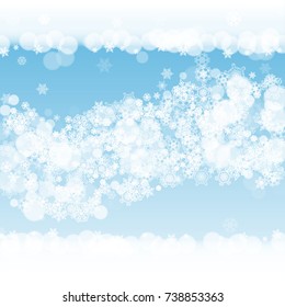 Winter frame with white snowflakes for Christmas and New Year celebration. Holiday winter frame on blue background for banners, gift coupons, vouchers, ads, party events. Falling frosty snow.