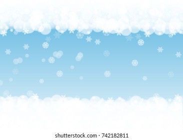 Winter frame with white snowflakes for Christmas and New Year celebration. Horizontal winter frame on blue background for banners, gift coupons, vouchers, ads, party events. Falling frosty snow.