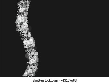 Winter frame with white snowflakes for Christmas and New Year celebration. Horizontal winter frame on black background for banners, gift coupons, vouchers, ads, party events. Falling frosty snow.