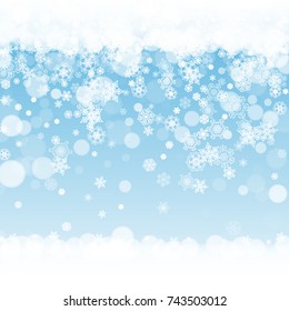 Winter frame with white snowflakes for Christmas and New Year celebration. Holiday winter frame on blue background for banners, gift coupons, vouchers, ads, party events. Falling frosty snow.