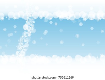 Winter frame with white snowflakes for Christmas and New Year celebration. Horizontal winter frame on blue background for banners, gift coupons, vouchers, ads, party events. Falling frosty snow.