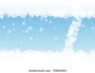 Winter frame with white snowflakes for Christmas and New Year celebration. Horizontal winter frame on blue background for banners, gift coupons, vouchers, ads, party events. Falling frosty snow.
