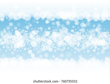 Winter frame with white snowflakes for Christmas and New Year celebration. Horizontal winter frame on blue background for banners, gift coupons, vouchers, ads, party events. Falling frosty snow.