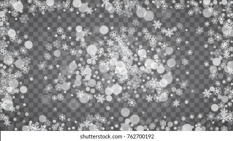 Winter frame with white snowflakes for Christmas and New Year celebration. Horizontal winter frame on transparent background  for banners, gift coupons, vouchers, ads, party events. Falling snow