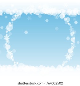 Winter frame with white snowflakes for Christmas and New Year celebration. Holiday winter frame on blue background for banners, gift coupons, vouchers, ads, party events. Falling frosty snow.