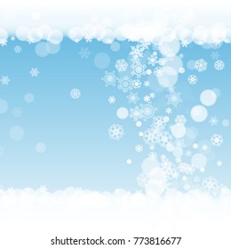 Winter frame with white snowflakes for Christmas and New Year celebration. Holiday winter frame on blue background for banners, gift coupons, vouchers, ads, party events. Falling frosty snow.