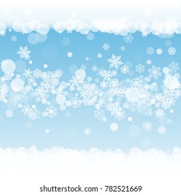 Winter frame with white snowflakes for Christmas and New Year celebration. Holiday winter frame on blue background for banners, gift coupons, vouchers, ads, party events. Falling frosty snow.