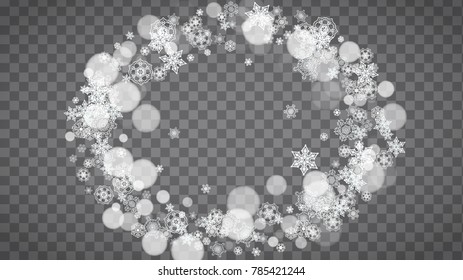 Winter frame with white snowflakes for Christmas and New Year celebration. Horizontal winter frame on transparent background  for banners, gift coupons, vouchers, ads, party events. Falling snow