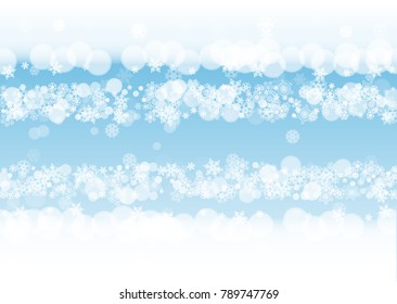 Winter frame with white snowflakes for Christmas and New Year celebration. Horizontal winter frame on blue background for banners, gift coupons, vouchers, ads, party events. Falling frosty snow.