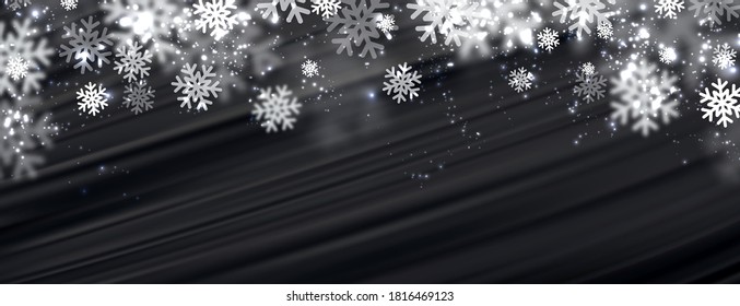 Winter frame with white snowflakes on black brushstrokes background. Background looking like flowing silk. Vector holiday illustration.