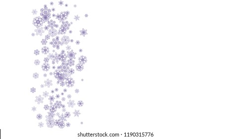 Winter frame withultra violet snow. Snowflake border for gift coupons, vouchers, ads, party events. Christmas background with winter frame for holiday banner. New Year frosty backdrop