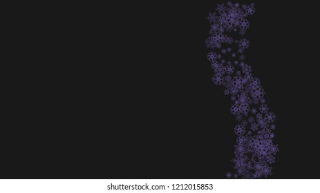 Winter frame withultra violet snow. Snowflake border for flyer, gift card, party invite, retail offer and ad. Christmas background with winter frame for holiday banner. New Year snowy backdrop