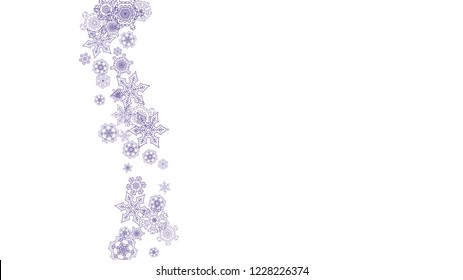 Winter frame withultra violet snow. Snowflake border for flyer, gift card, invitation, business offer and ad. Christmas background with winter frame for holiday banner. New Year snowy backdrop