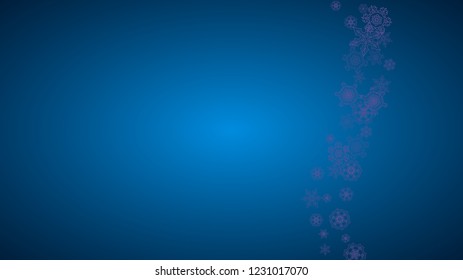 Winter frame withultra violet snow. Snowflake border for gift coupons, vouchers, ads, party events. Christmas background with winter frame for holiday banner. New Year snowy backdrop
