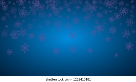 Winter frame withultra violet snow. Snowflake border for gift coupons, vouchers, ads, party events. Christmas background with winter frame for holiday banner. New Year snowy backdrop