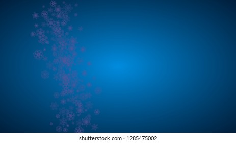 Winter frame withultra violet snow. Snowflake border for gift coupons, vouchers, ads, party events. Christmas background with winter frame for holiday banner. New Year snowy backdrop