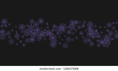 Winter frame withultra violet snow. Snowflake border for flyer, gift card, party invite, retail offer and ad. Christmas background with winter frame for holiday banner. New Year frosty backdrop