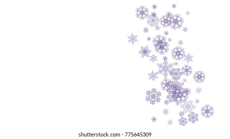 Winter frame withultra violet snow. Snowflake border for flyer, gift card, party invite, retail offer and ad. Christmas background with winter frame for holiday banner. New Year frosty backdrop