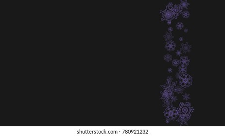Winter frame withultra violet snow. Snowflake border for gift coupons, vouchers, ads, party events. Christmas background with winter frame for holiday banner. New Year frosty backdrop