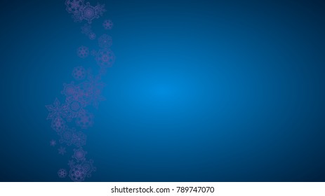 Winter frame withultra violet snow. Snowflake border for flyer, gift card, invitation, business offer and ad. Christmas background with winter frame for holiday banner. New Year snowy backdrop