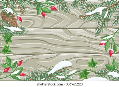 Winter frame wooden texture board. Winter background, christmas frame, winter border, decoration xmas plank, ornament fir, natural decor, decorative blank illustration
