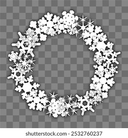 Marco de invierno, corona de muchos copos de nieve blancos diferentes. Ilustración vectorial aislada sobre un fondo a cuadros. elemento redondo para el fondo, tarjeta, saludo, invitación, cartel, Anuncio