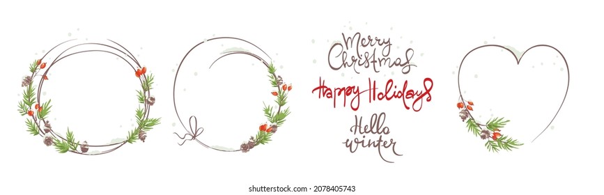 Winter frames, christmas backgrounds. Set vector design elements and holiday calligraphy. Fir branches, red berries, cone and snow.	