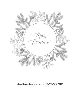 Winter frames with evergreen plant and branches. Christmas and New Year background. Holiday and celebration graphics.