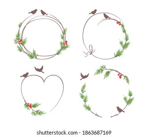 Winter frames, sketch wreath, christmas backgrounds. Set vector design elements. Fir branches, birds and red berries.	
