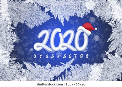 Winter frost background. Vector elite greeting card Happy New Year 2020! Elegant Uppercase Font. 3D White and blue Numbers