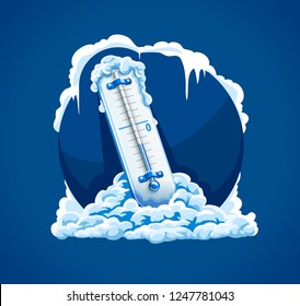 Winter frost. Cold weather. Thermometer with low temperature in snow, frosted and frozen icicles. Concept sign for Weather Forecast in blue circle. EPS10 vector illustration.