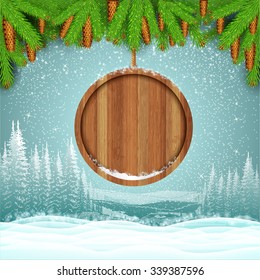 Winter frost landscape with round wood border from fir tree branch