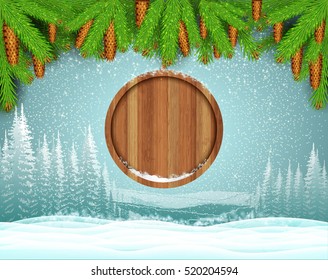 Winter frost landscape with round wood border from fir tree branch. Christmas horizontal background