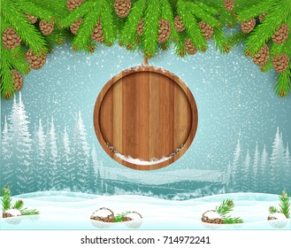 Winter frost landscape with round wood border hung from fir tree branch. Christmas horizontal background