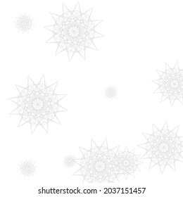 Winter Frost Luxury Snowflakes Innocent Sky Wallpaper. Cold Ice Christmas Monochrome Mystery Pattern. Stars Grey Chaotic Silver Mandala Design Pic. New Year Print White Sharp Composition.