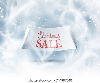 Winter frost ornamented window background for Christmas sale or clearance greeting card with paper ribbon. Vector eps10.