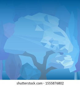 Winter frost tree and stones banner background. Winter landscape  poster template. Low poly trees, ice rock banner. Nature season background. Christmas, New Year forest template. Vector illustration