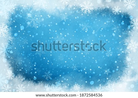 Winter frosted window background. Snow frame. Frozen window. Window frozen glass ice. Freeze at the glass. Abstract Christmas border background with snow and snowflakes. Frost ice. Vector illustration