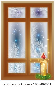 Winter frosted window with candle, vector illustration