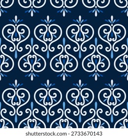 Winter frosty seamless pattern of vignettes. Classic stile border of swirls. White intricate swirly elements on dark blue background. Monochrome ornament in shades of blue.