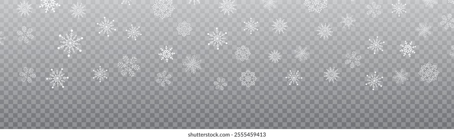 Winter Frosty snowflakes snow falling on a transparent background. Snowstorm, snowy png background for Christmas, New Year Holidays, Seasonal Events, Decoration, Festive Designs, Frosty Landscapes. 