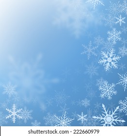 Fondo helado de invierno con copos de nieve, vector.