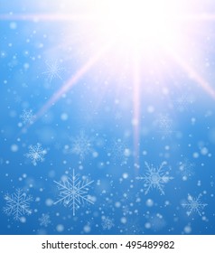 Fundo congelado de inverno com flocos de neve, ilustração de Natal vetorial.
