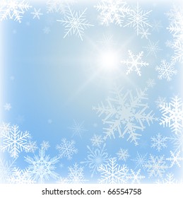 Fondo congelado invernal con copos de nieve, vector.
