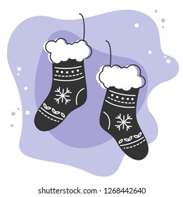 Winter frozen illustration - pair of comfy socks with big fluffy edges, beautiful Christmas embroidery with snowflakes and traditional emblems. Simple minimalist vector in Scandinavian or Nordic style