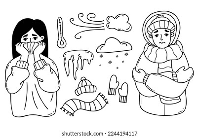 Winter frozen people. woman and man wrap themselves wrapped and shivering. Collection winter items icicles, winter clouds with snow and knitted things. Vector isolated linear hand drawings