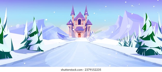 Winter frozen road to magic castle background. Fairy tale kingdom palace for princess in pine forest with falling snow. Nature fairytale landscape with medieval fortress architecture and pathway