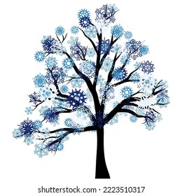 Winter frozen tree with snowflakes leaves. Suitable for making different designs of winter, christmas and new years theme. Vector illustration.
