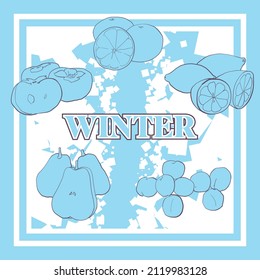 Juego de material de arte de línea pintado a mano con icono de fruta de invierno